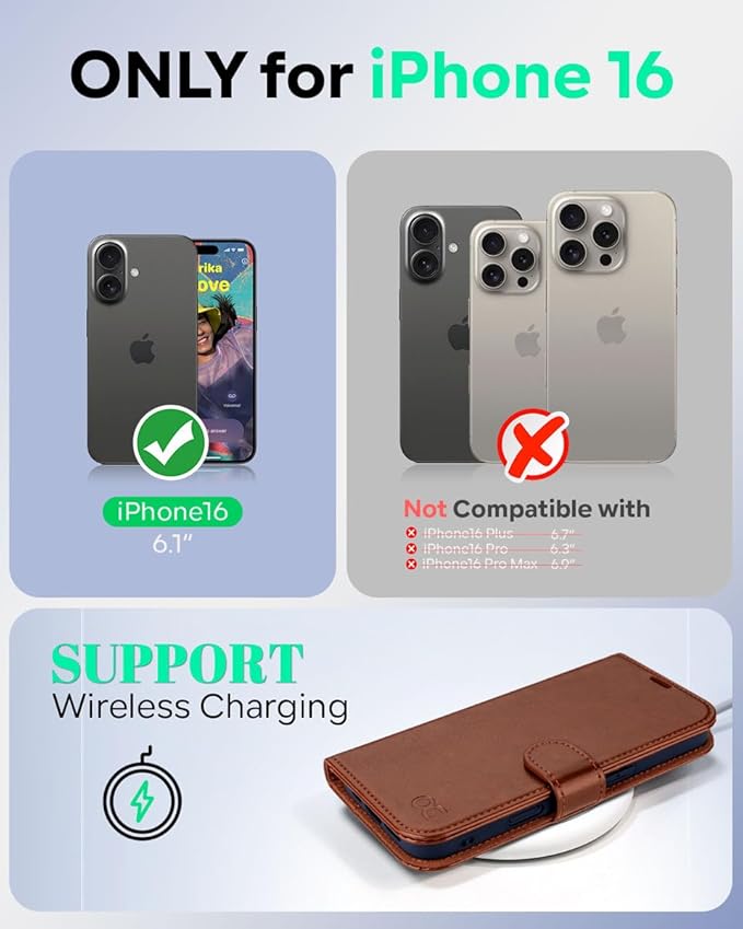 OCASE Compatible with iPhone 16 Wallet Case, PU Leather Flip Folio Case with Card Holders RFID Blocking Kickstand [Shockproof TPU Inner Shell] Phone Cover 6.1 Inch 2024, Dark Brown