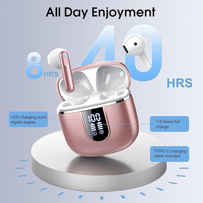 Wireless Earbuds, Bluetooth 5.4 Headphones with 3D Bass Stereo, 40H Ultralight in-Ear Buds, Bluetooth Earbuds with 4 ENC Noise Cancelling Mic, USB-C, IP7 Waterproof Earphones for Android iOS, Rose