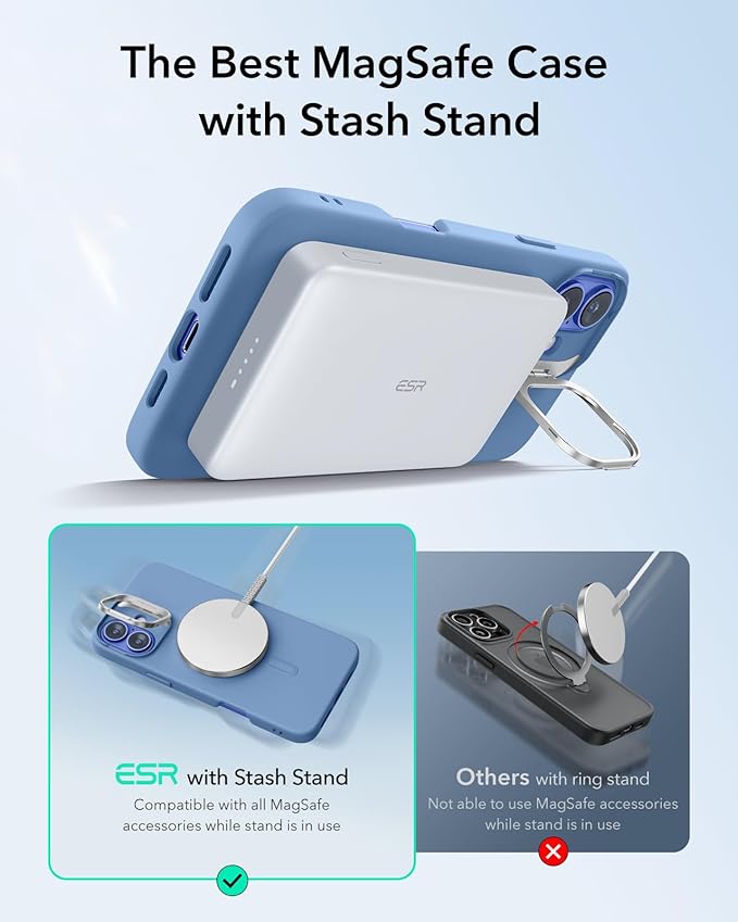 ESR for iPhone 16 Plus Case, Silicone Case with Stand, Compatible with MagSafe, Built-in Camera Stash Stand, Magnetic Phone Case, Cloud Series, Light Blue