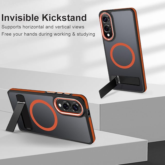 Case for Samsung Galaxy S25 Edge with Adjustable Stand, Slim Phone Case Fits for Magsafe, Color Hybrid Shockproof Protective Cover for Galaxy S25 Edge, Enhanced Non-Slip Grip (Black/Orange)