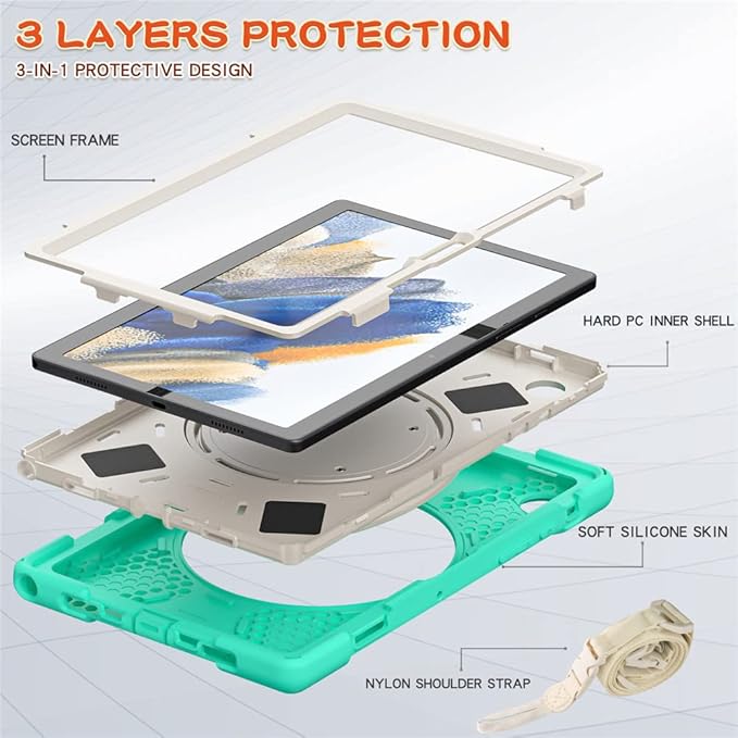 Galaxy Tab A8 10.5" Case 360 Rotation Sturdy Cover Rotate Ring Stand Shoulder Carrying Strap Hand Strap Rugged Children Adults Outdoor Case, MintGreen