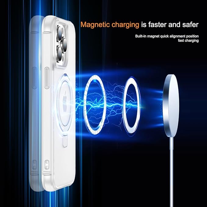 Magnetic Compatible with iPhone 13 Pro Max Case with Stand [Military Grade Drop Tested][Compatible with Magnet] Ring Translucent Slim Hard Back Soft Edge, Frost White