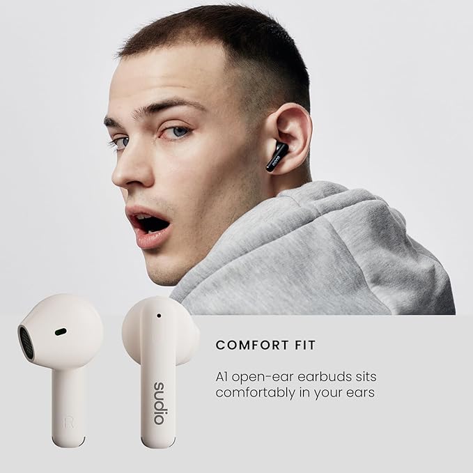 Sudio A1 True Wireless Earbuds, Bluetooth 5.3 Connection, Noise Cancelling, Waterproof, Touch Control, Charging Case, Premium Sound Quality, Comfortable Fit – White