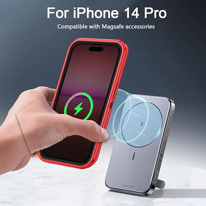 for iPhone 14 Pro Case [Compatible with MagSafe] Shockproof 3-Layer Full Body Protection Rugged Heavy Duty Cover Case for Apple iPhone 14 Pro 6.1",Red/Black