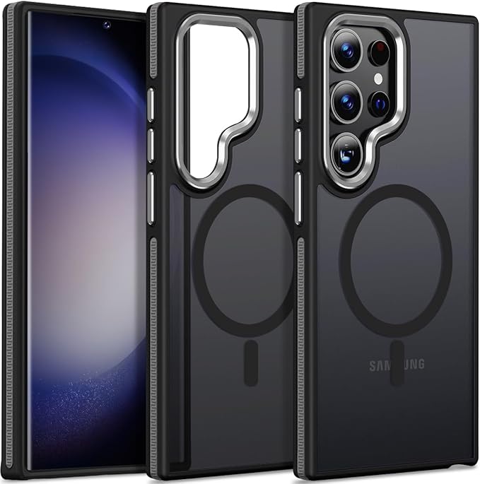 for Samsung Galaxy S24 Ultra Case, Magnetic Phone Case Compatible with Magsafe, Metal Camera Frame, Drop Protection Silky Translucent Cover for Galaxy S24 Ultra (Black/Grey)