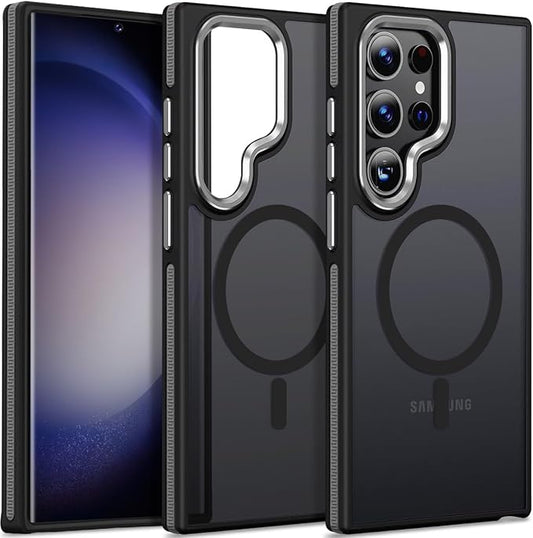 for Samsung Galaxy S24 Ultra Case, Magnetic Phone Case Compatible with Magsafe, Metal Camera Frame, Drop Protection Silky Translucent Cover for Galaxy S24 Ultra (Black/Grey)