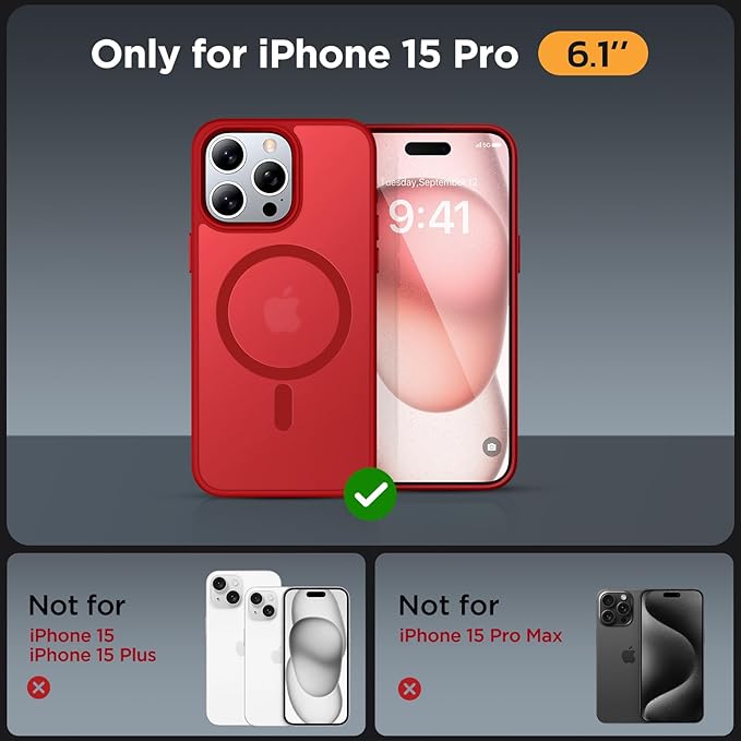Miracase Magnetic for iPhone 15 Pro Case 6.1 inch (Compatible with MagSafe)（with 2X Screen Protectors）Military-Grade Protection, Anti-Fingerprint Translucent Matte Phone Cover, Red