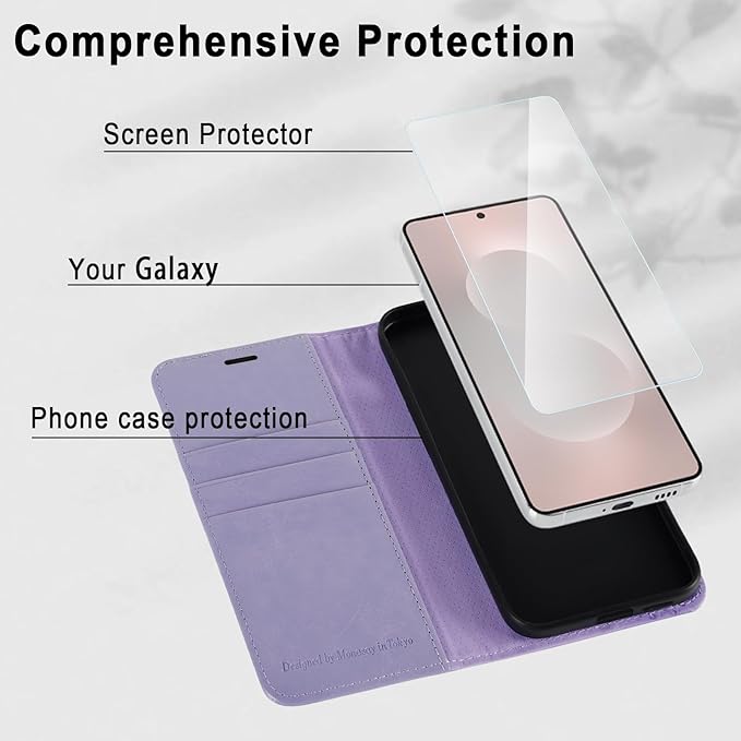 MONASAY Wallet Case Fit for Samsung Galaxy S25 Edge 5G，[Lens & Glass Screen Protector] [RFID Blocking] Flip Folio Leather Cell Phone Cover with Credit Card Holder, 6.7 inch, Lavenders
