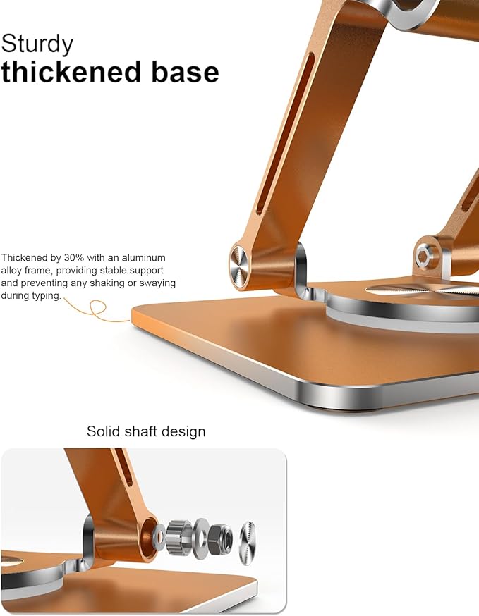 Tablet Stand Holder with Thickened 360°Rotating Base Dual Rod Adjustable Aluminum Stand for All 5.8-12.9” iPad Samsung Phone Tablet Kindle E-Reader and More, Rose