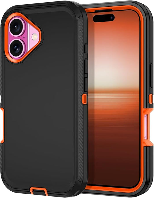 for iPhone 16 Plus Case Shockproof Dust/Drop Proof 3-Layer Full Body Protection [Without Screen Protector] Rugged Heavy Duty Cover Case for Apple iPhone 16 Plus 6.7" 2024,Black/Orange