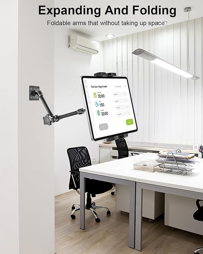Metal Tablet Wall Mount Holder with 360° Adjustable Foldable Arm, for iPad Pro Air Mini | Galaxy Tab | Kindle Fire | Switch | 4.7-13" Device, for Kitchen Cabinet | Home | Desk | Under Counter | Office