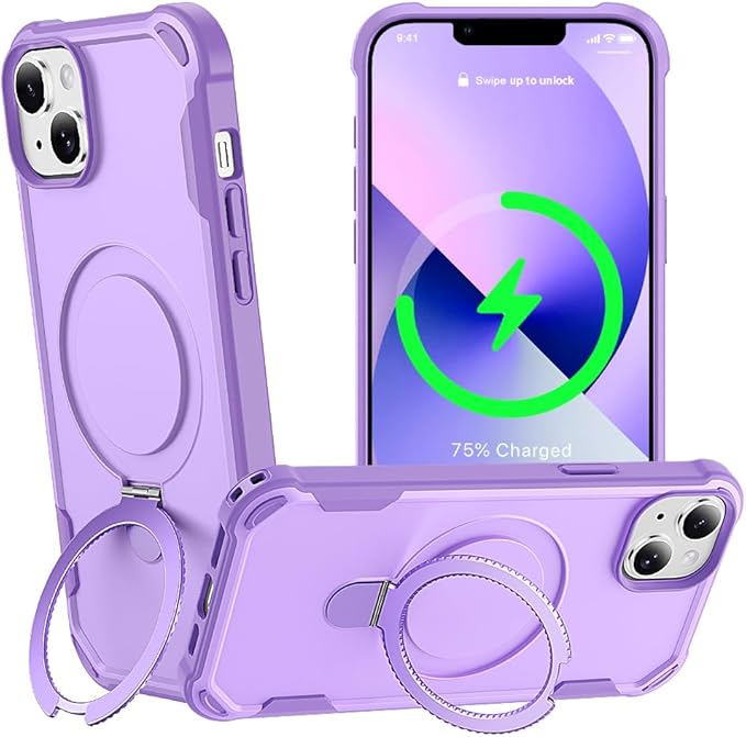 Designed for iPhone 13 Case with Magnetic Stand [Military Drop Protection][Compatible with Magnet] Shockproof 13 Phone Case with Ring Holder, Purple
