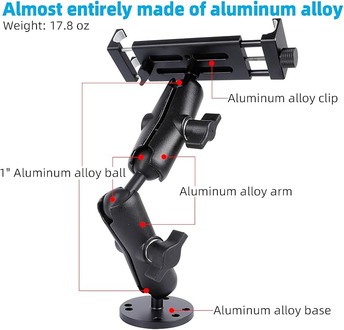 All-Aluminum Heavy Duty Drill Base Tablet Holder Mount for 4.7"-15" iPad Pro,Mini,Samsung Galaxy Tab, Surface, 360°Adjustable 2-Stage Arm Car Stand for Truck Dashboard Wall Desk Commercial Vehicle