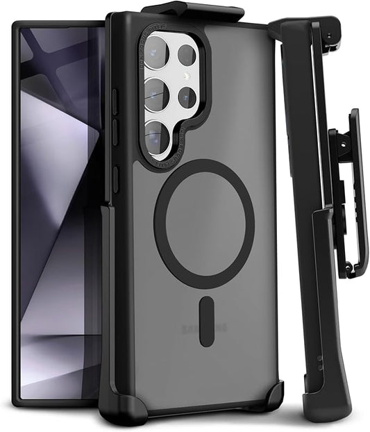 MOTIVE Designed for Samsung Galaxy s24 Ultra Case with Belt Clip, Semi-Clear Case Magnetic Compatible with MagSafe, Slim Cover, Drop Tested s24 Ultra Holster Case 6.8” | Clear Frost