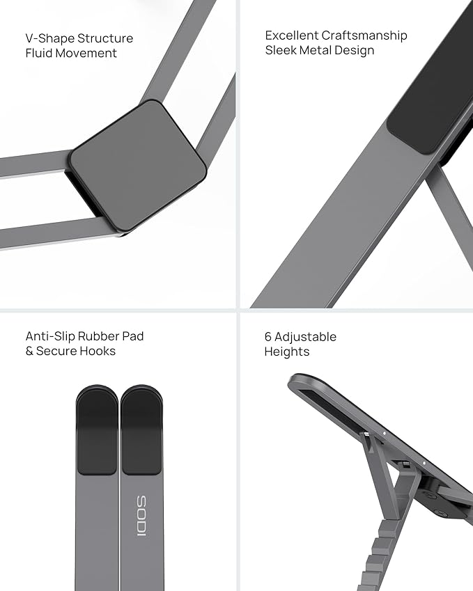 SODI [Innovative Compact] Foldable Laptop Stand for Desk, Lightweight Portable Laptop Stand for Business Trip, Library, Cafe, 6 Level Height Ergonomic Aluminum Computer Stand for MacBook 10-16"