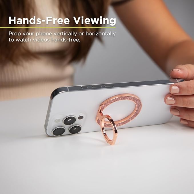 PureGear Magnetic Phone Grip Ring Stand, Magnetic Phone Ring Holder for MagSafe iPhone 16, 16Pro, 16Plus, 16ProMax, 15, 15Plus, 14, 14ProMax, 13,12, Adjustable Kickstand(Chrome Rose Gold Pink Glitter)