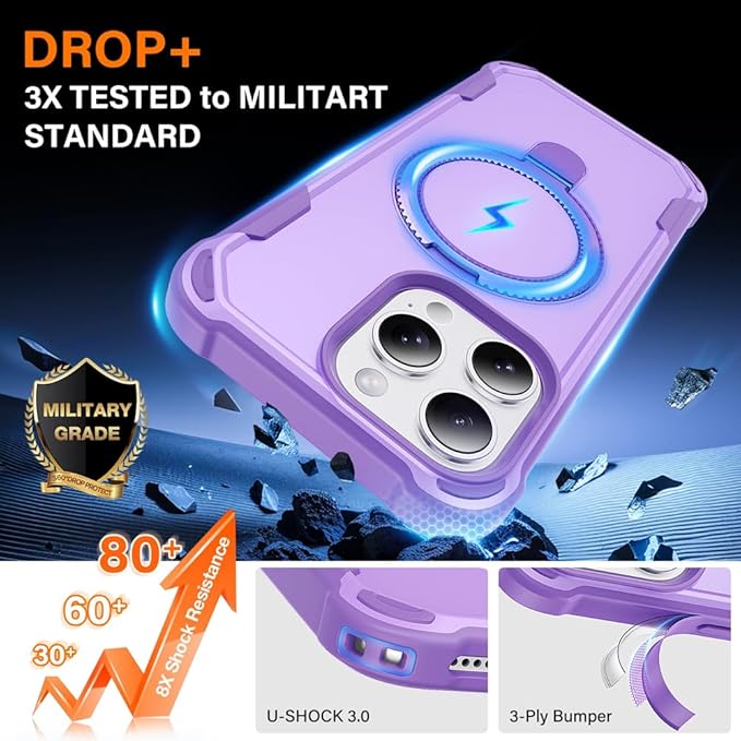 Designed for iPhone 15 Pro Max Case with Magnetic Stand [Military Drop Protection][Compatible with Magnet] Shockproof 15 Pro Max Phone Case with Ring Holder, Purple
