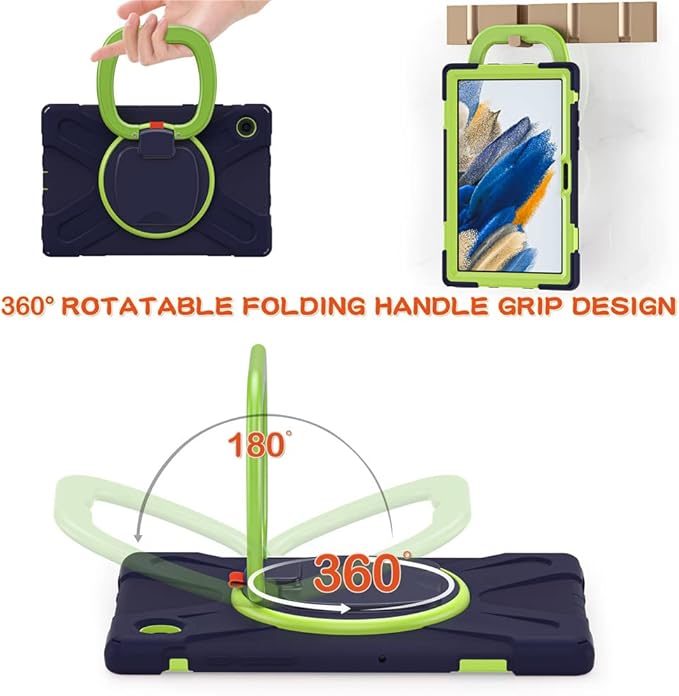 360 Rotation Case for Samsung Galaxy Tab A8 10.5" Sturdy Cover Rotate Ring Stand Shoulder Carrying Strap Hand Strap Rugged Children Adults Outdoor Case, Navy+Green