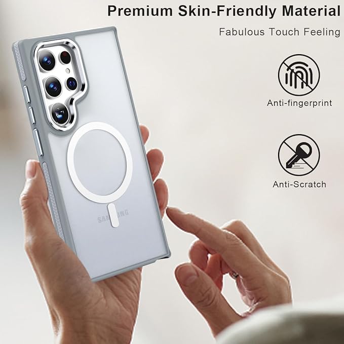 for Samsung Galaxy S24 Ultra Case, Magnetic Cover Compatible with Magsafe, Metal Camera Frame, Drop Protection Silky Translucent Phone Case for Galaxy S24 Ultra (Grey/White)