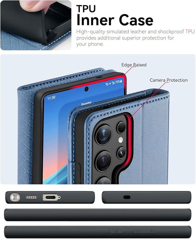 OCASE Compatible with Galaxy S25 Ultra Wallet Case, PU Leather Flip Folio Case with Card Holders RFID Blocking Kickstand [Shockproof TPU Inner Shell] Protective Phone Cover 2025, Light Blue