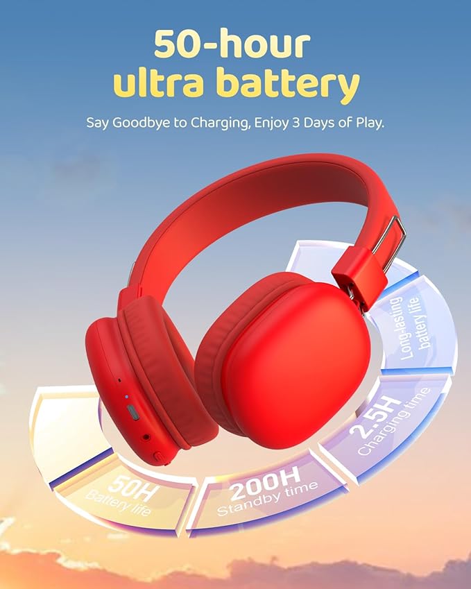 Kids Bluetooth Headphones, Over-Ear Wireless Headphones with Microphone, Safe-Volume 85dBA, Bluetooth 5.4, Foldable Lightweight and Comfortable, 50H Playtime, USB-C Charging, Red