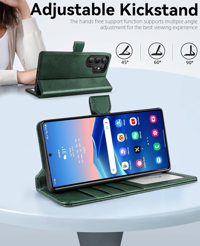 OCASE Compatible with Galaxy S25 Ultra Wallet Case, PU Leather Flip Folio Case with Card Holders RFID Blocking Kickstand [Shockproof TPU Inner Shell] Protective Phone Cover 2025, Blackish Green