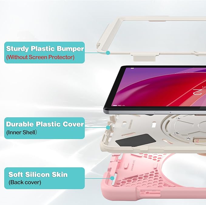 ProCase Protective Case for Lenovo Tab M11 / Lenovo Tab K11 LTE 2024, Rugged Heavy Duty Shockproof Rotating Kids Cover with 360° Rotate Kickstand & Shoulder Strap for Tab TB330FU TB330XU -Pink