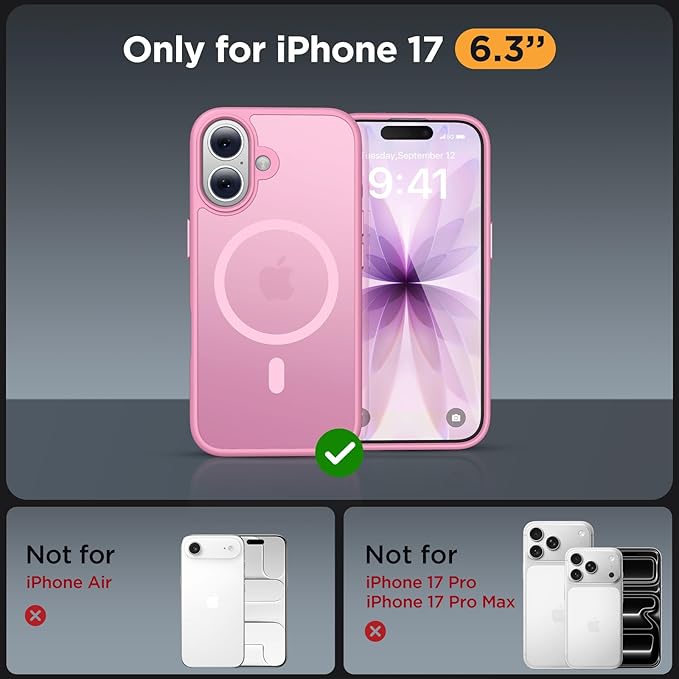 Miracase Magnetic for iPhone 17 Case (Compatible with MagSafe) with Screen Protector Military-Grade Protection, Anti-Fingerprint Translucent Matte Phone Cover for iPhone 17 6.3 inch, Mes-Pink