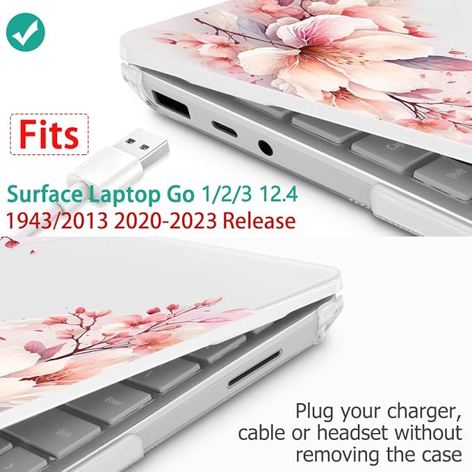 Tuiklol Case for 12.4 Inch Microsoft Surface Laptop Go 3/2 / 1 2023-2020 Releases, Plastic Hard Shell Case with Screen Protector and Keyborad Cover +Dust Plugs Model 2013/1943,Pink Big Flower