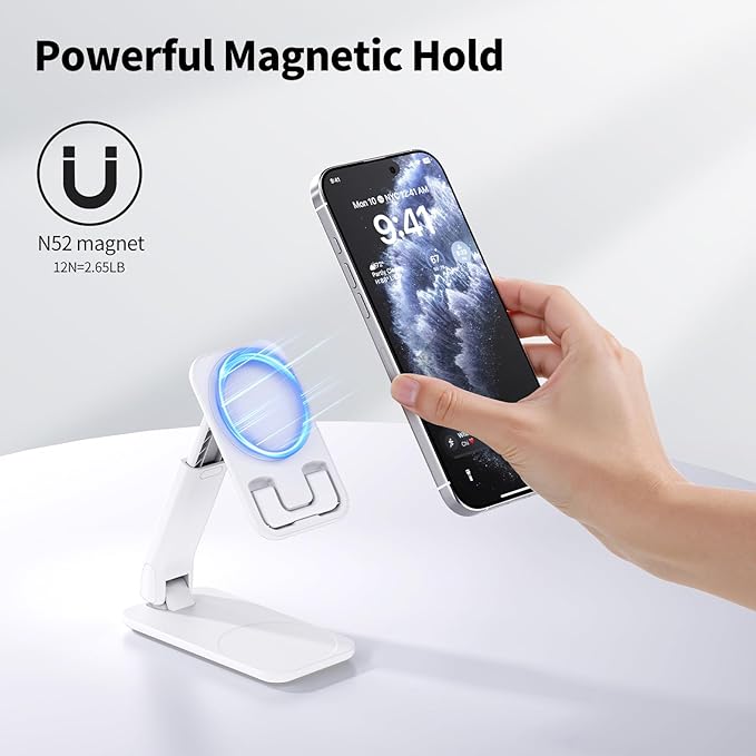 iWALK Magnetic Cell Phone Stand for Desk, Angle and Height Adjustable Mobile Phone Holder, Foldable Magnet Stand for iPhone 16 15 14 13 12 Pro Max and iPad, Cell Phone Holder for Samsung Galaxy, White