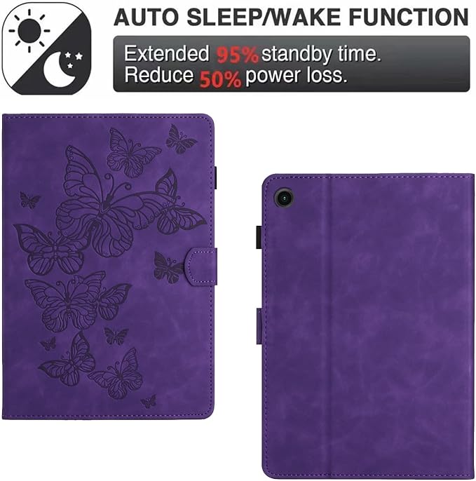 KEROM Case for Samsung Galaxy Tab A9+ Plus 11 Inch 2024 2023 (SM-X210/X216/X218), Embossed Suede Leather Folio Stand Cover with Auto Wake/Sleep & Card Slot & Pen Holder - Purple Butterfly Embossing