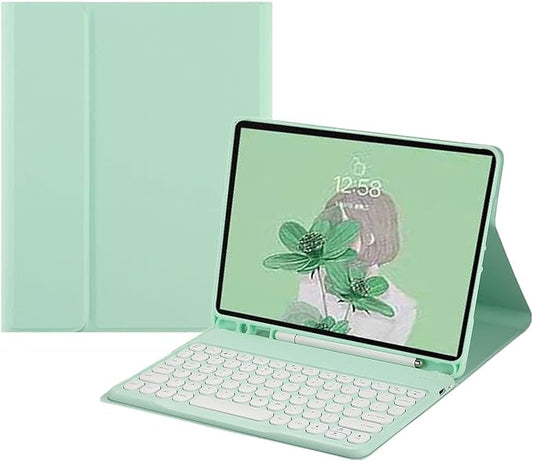 HENGHUI Keyboard Case for Galaxy Tab S10+ Plus 12.4"/ Tab S9 Plus 12.4" Cute Round Key Color Keyboard Wireless Detachable BT Keyboard Cover with S Pen Holder (MintGreen)