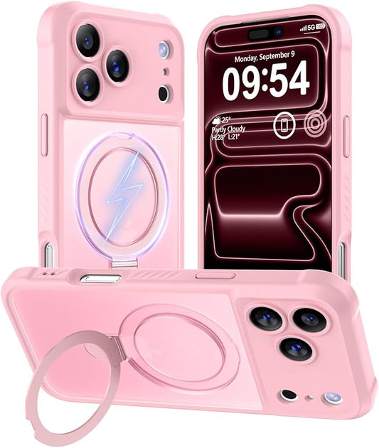 MOCCA Compatible with iPhone 17 Pro Case with Magnetic Invisible Stand [Full Camera Protection] [Compatible with Magsafe] Military Drop Shockproof Translucent Matte Phone Case Cover 6.3",Pink