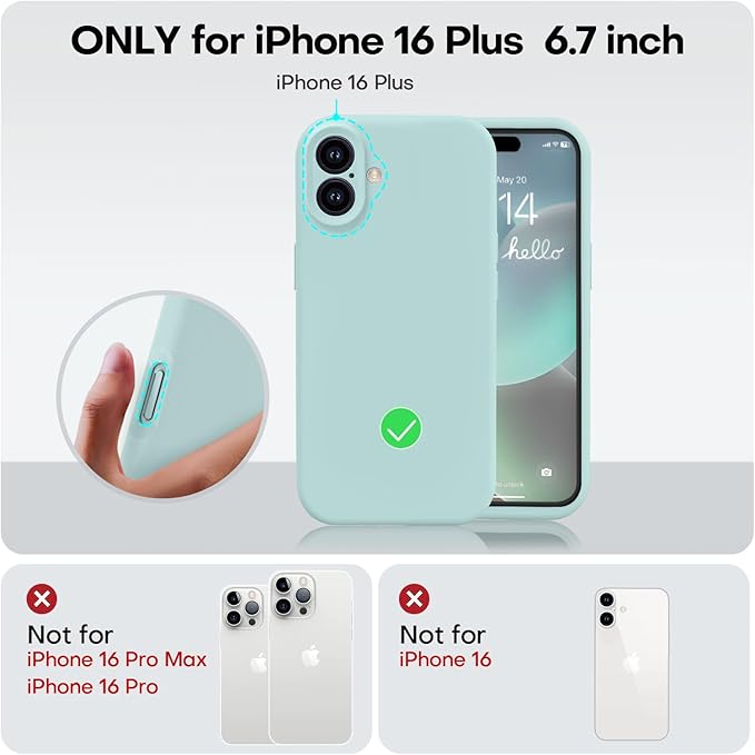 Vooii Compatible with iPhone 16 Plus Case, Liquid Silicone Upgrade [Camera Protection] [Soft Anti-Scratch Microfiber Lining] Shockproof Phone Case for iPhone 16 Plus 6.7 inch - Mint