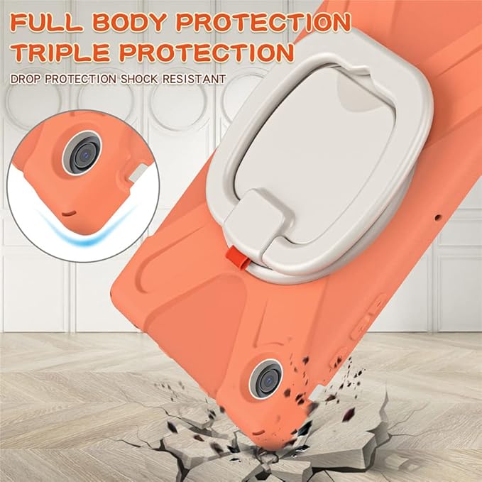 360 Rotatable Galaxy Tab A8 10.5" Case Sturdy Cover Rotate Ring Stand Shoulder Carrying Strap Hand Strap Rugged Children Adults Outdoor Case, Orange