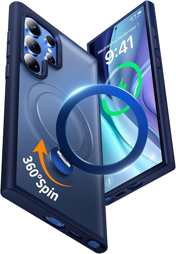 for Samsung Galaxy S24 Ultra Case,Compatible with Magsafe [Wireless Charging],with 360°Rotatable Magnetic Ring Stand,Matte Translucent Slim Soft Edge Phone Kickstand,Blue