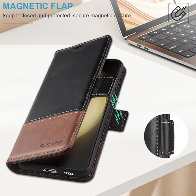 KEZiHOME for Samsung Galaxy S24 Plus 5G Case, Flip Case, Genuine Leather, RFID Blocking, Card Holder, Magnetic, Stand, Black/Brown