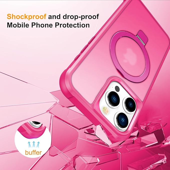 Magnetic Compatible with iPhone 15 Pro Case with Stand [Military Grade Drop Tested][Compatible with Magnet] Ring Translucent Slim Hard Back Soft Edge, Rose Red