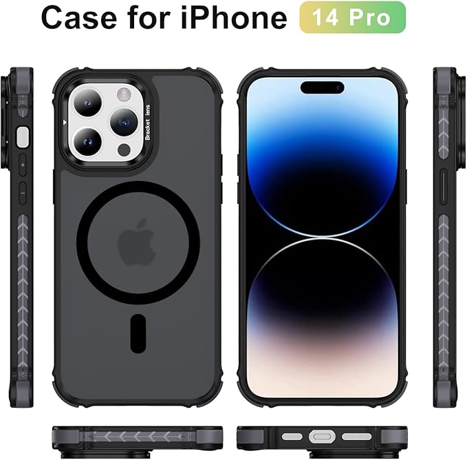 Magnetic for iPhone 14 Pro Case Black with MagSafe Wireless Charging Heavy Duty Military-Grade Shockproof Protection Adjustable Kickstand Slim Matte Anti-Fingerprint Cover Men Women