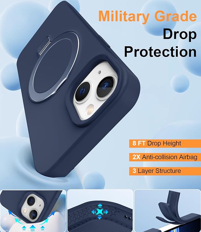 ZHK Liquid Silicone Designed for iPhone 13/14 Case with Magnet Stand, [Mil-Grade Drop Shockproof][Soft Anti-Scratch Microfiber Lining] Slim Fit Cover, Navy Blue