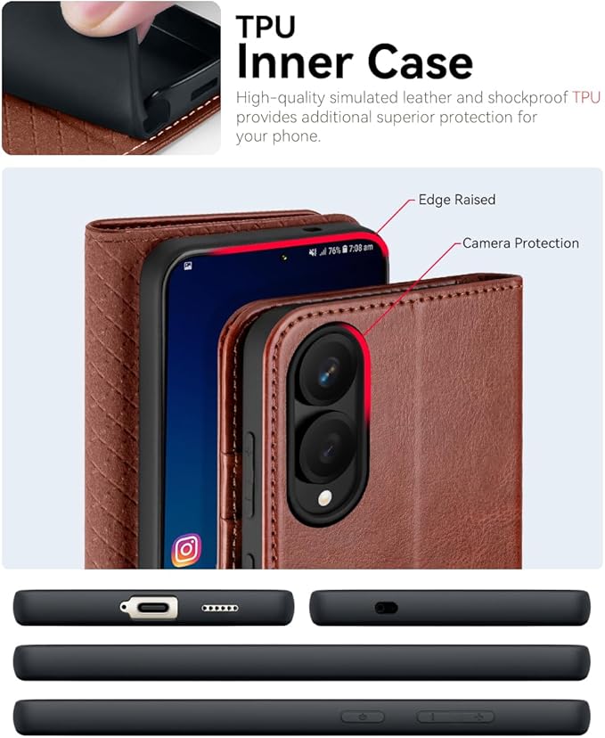 OCASE Compatible with Galaxy S25 Edge Wallet Case, PU Leather Flip Folio Case with Card Holders RFID Blocking Kickstand [Shockproof TPU Inner Shell] Protective Phone Cover 2025, Dark Brown