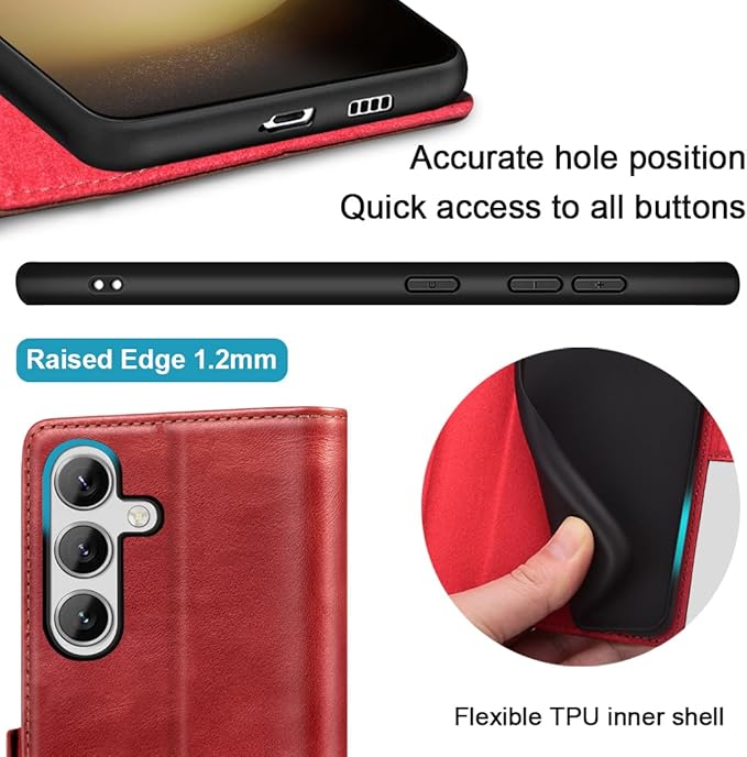 KEZiHOME for Samsung Galaxy S24+ Plus 5G Case, Galaxy S24 Plus Wallet Case, Genuine Leather Flip Cover Stand RFID Blocking Card Holder Magnetic Compatible with Samsung S24 Plus 5G (2024) (Red/Brown)