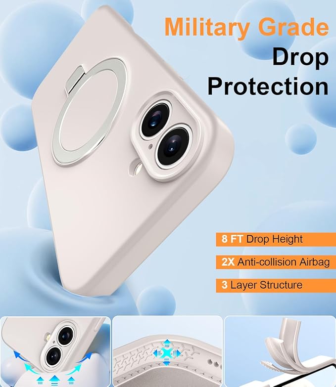 ZHK Liquid Silicone Designed for iPhone 16 Case with Magnet Stand, [Precise Camera Lens Protection][Mil-Grade Drop Shockproof][Soft Anti-Scratch Microfiber Lining] Slim Fit Cover, Beige