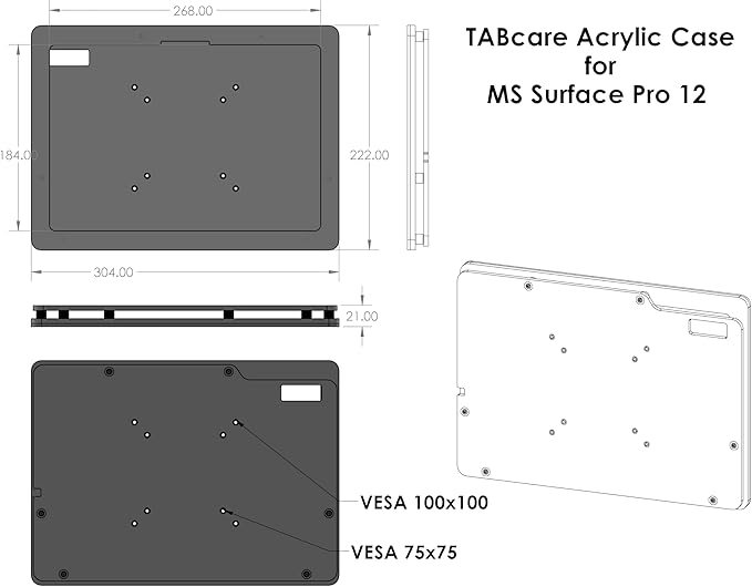 TABcare Anti-Theft Security Acrylic VESA Case for Microsoft Surface Pro 12" Tablet with 90-Degree USB C Cable & Wall Mount Kit(Clear, Surface Pro 12)