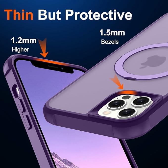 Magnetic Compatible with iPhone 13 Pro Case with Stand [Military Grade Drop Tested][Compatible with Magnet] Ring Translucent Slim Hard Back Soft Edge, Purple