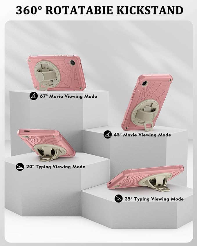 Case for Samsung Galaxy Tab A9 8.7 Inch 2023, 360° Rotating Stand, Hand Strap&Shoulder Strap Case for Samsung A9 Tablet(SM-X110/X115/X117) (Sakura Powder)