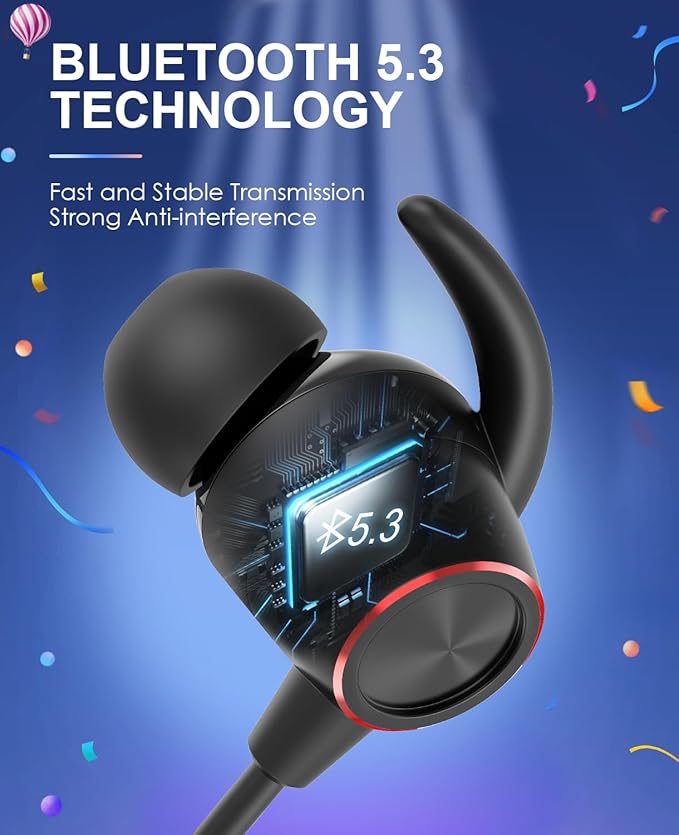 Tecno B1 Bluetooth Headphones, Bluetooth Earbuds Wireless with 60Hrs Playtime, Wireless Bluetooth Headphones for Sports, Sweatproof & IPX5 Waterproof Wireless Headphones（Black）