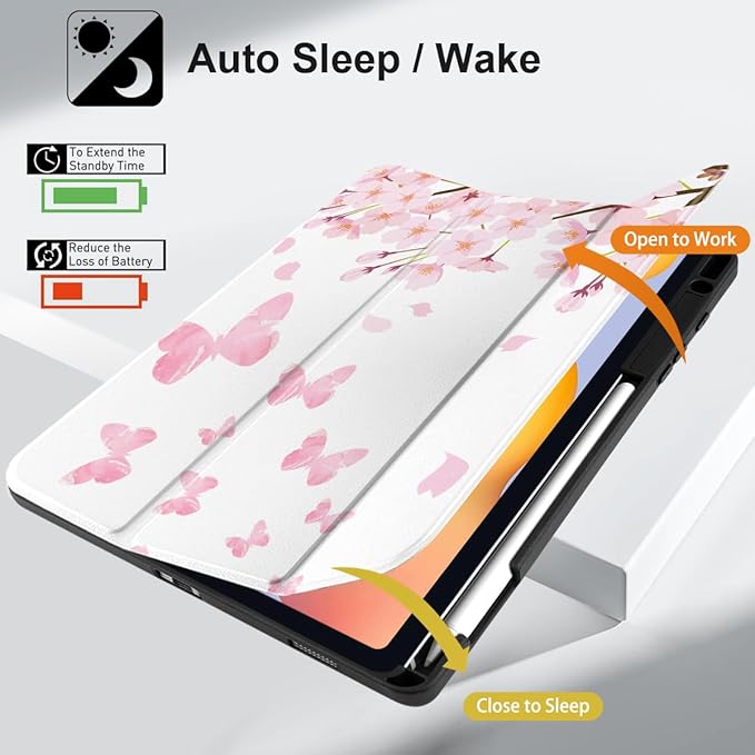 DONGKE Case for Samsung Galaxy Tab S6 Lite 10.4 Inch 2024/2022/2020, Trifold Stand + S Pen Holder + Auto Wake/Sleep + Soft TPU Protective Stand Back Cover, Flower Blossoms