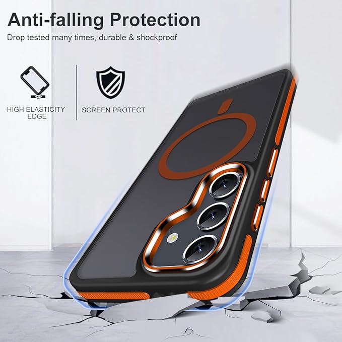 Magneic for Samsung Galaxy S25 Plus/S25+ Case Compatible with Magsafe, [Drop Protection] & [Anti-Slip Edge] S25 Plus Phone Case, Stylish Matte Translucent Galaxy S25+ Cover (Black/Orange)