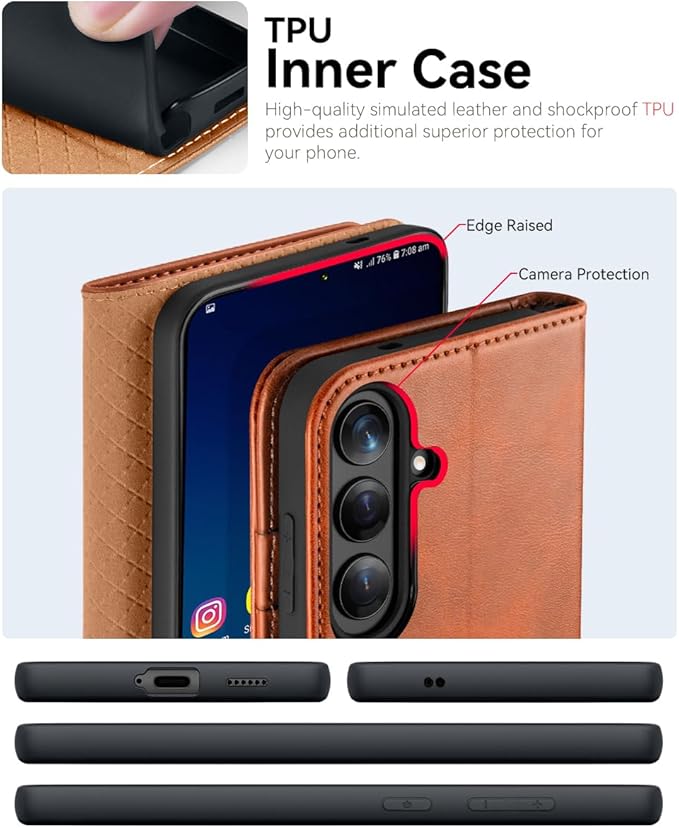 OCASE Compatible with Galaxy S25 FE Wallet Case, PU Leather Flip Folio Case with Card Holders RFID Blocking Kickstand [Shockproof TPU Inner Shell] Protective Phone Cover 2025, Brown